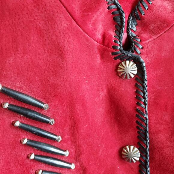 Vintage Cripple Creek Red Suede Leather Western Womens Jacket Beads Conchos Sz L - Picture 5 of 8